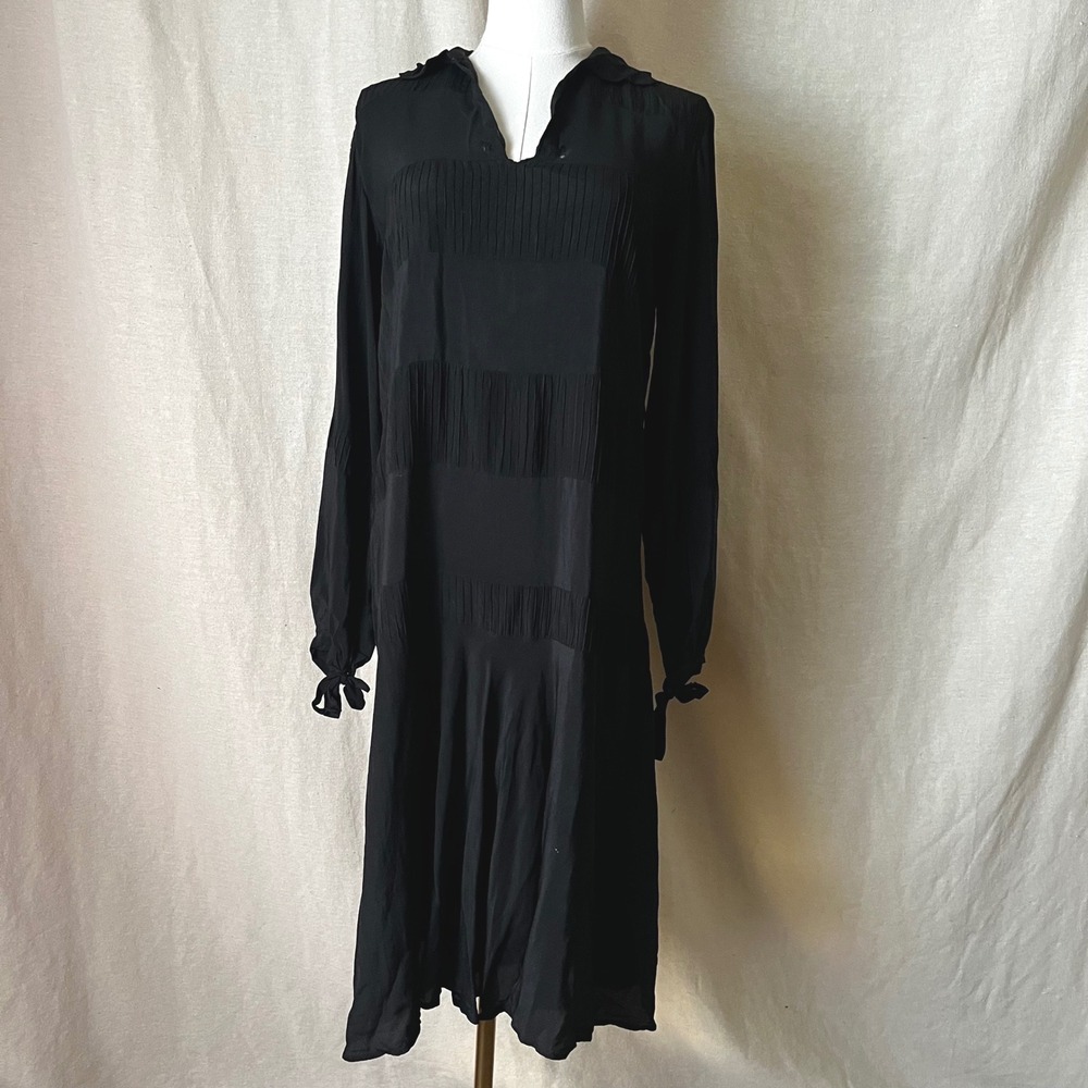 Vintage 1920s 1930s Black Pintuck Silk‎ Crepe Dress Art Deco Flapper S